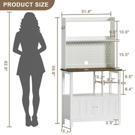 ChooChoo Bakers Rack with Power Outlet, Microwave Stand Kitchen Cabinet with Storage, Coffee Bar Cabinet with Hutch and Pegboard and Side Hooks, Soft White