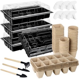Aodaer Paquete de 4 macetas de turba para semillas de semillero con bandejas de cultivo de plástico, vasos de plántulas de papel, herramientas, etiquetas de plantas, bandeja de germinación para verduras, hierbas