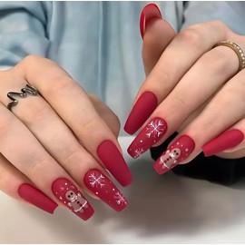 24Pcs Christmas False Nails - Press on XMAS Nails - Red White Fake Nails with Gingerbread Men & Snowflakes - includes Gel Stickers AND Nail Glue XMAS07
