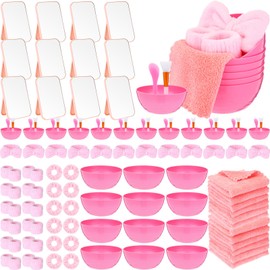 Honeydak 12 Set Spa Party Favor Supplies Bulk Pink Facial Mask Bowl Set Spatula Brush Silicone Brush Mirror Headband Wristband Scrunchies Towel for Wedding Spa Sleepover Birthday Party