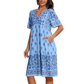 CRIPOM Mumu House Dresses for Women Plus Size Nightgowns for Women Moomoo Elderly Short Sleeve Patio Dresses with Pockets House Coats Grandma Nightgowns Cotton Pajamas Light Blue XXL