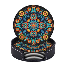 Famame 6 Pcs Mexican Floral Navajo Pattern Leather Coasters for Drinks with Holder Coaster Sets Drink Table Cup Coasters for Living Room Kitchen Coffee Decor