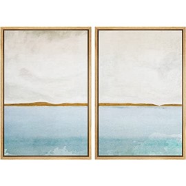 SIGNWIN Framed Canvas Print Wall Art Set Gold Blue Ocean Sea Beach Landscape Nature Wilderness Illustrations Modern Art Decorative Rustic for Living Room, Bedroom, Office - 16"x24"x2 Natural