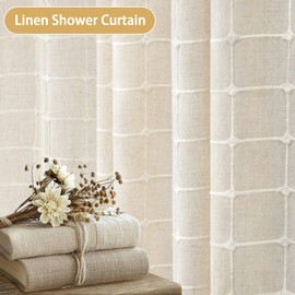 Awellife Flax Linen Shower Curtain Farmhouse Boho Plaid Beige Tassel Shower Curtains for Bathroom Natural Cloth Cotton Fabric Cream 36 x 72 Inch