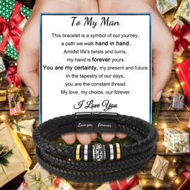 YYQX Mens Leather Bracelet Multi-Layer Braided Leather Bracelet Inspirational Bangle Wristband Christmas Valentine's Day Birthday Gifts for Boyfriend Husband Dad Brother Son Grandson, 8.5inch,