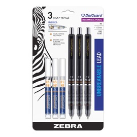 Zebra Pen DelGuard Mechanical Pencil with Lead Refill, Fine Point, 0.5mm, Black Barrel, Refillable, 3-Pack (10613)