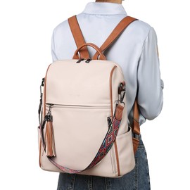 FADEON Leather Backpack Purse for Women Designer Travel Backpack Purses PU Fashion Ladies Shoulder Bag with Tassel Beige