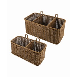 AceList 2 Pcs Wicker Wall Hanging Basket with Compartment, Kitchen Adhesive Wall Mount Fruit Basket, Bathroom Boho Storage Baskets for Organizing, Organization Shelves for Pantry and Cabinet Door