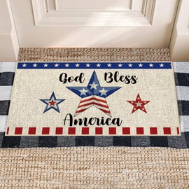 Dlzdn 4th of July Patriotic Blue Red Star Door Mat Independence Day Memorial Day Non-Slip Rubber Backed Entryway Rugs for Indoor Outdoor Entrance Floor 16 x 30 Inch