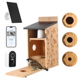 Smart Bird House with Camera – Bamboo Carving, AI Bird Recognition,IP66 Waterproof, Two-Way Audio, App Control,4MP Full-Color Night Vision,Solar-Powered,Cloud & SD Storage (Solar Birdhouse)