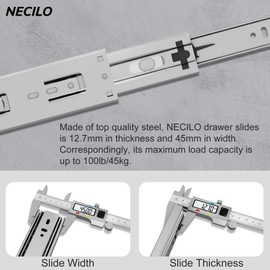 NECILO Full Extension Ball Bearing Drawer Slides 8 10 12 14 16 18 20 22 24 Inch Heavy Duty 100 lb Capacity Side Mount File Cabinet Runner Kitchen Rail Dresser Track Glide (Silver-1 Pair, 22 Inch)
