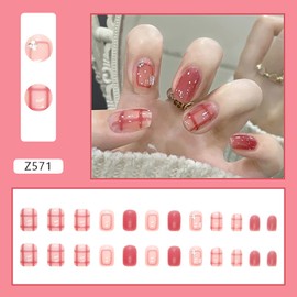Press on Nails Short Coffin Shape Full Cover Reusable False Nails Kits Glue on Nails with Lattic Designs Artificial Glossy Fingernails Acrylic Fake Nails for Women Stick on Nails Square