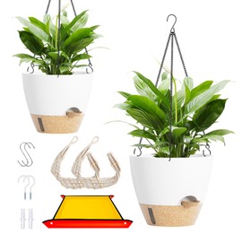 LEWESU Set of 2-10 Inch Self-Watering Hanging Planters for Indoor & Outdoor Plants, Hanging Flower Pots with Water Level Windows, Includes 2 Types of Plant Hangers for Home & Garden (White & Brown)