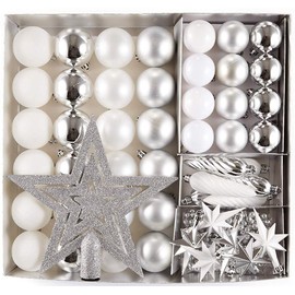 HEITMANN DECO Set of 50 Christmas Tree Decorations Assortment with Lace - Plastic Christmas Decorations White Silver for Hanging