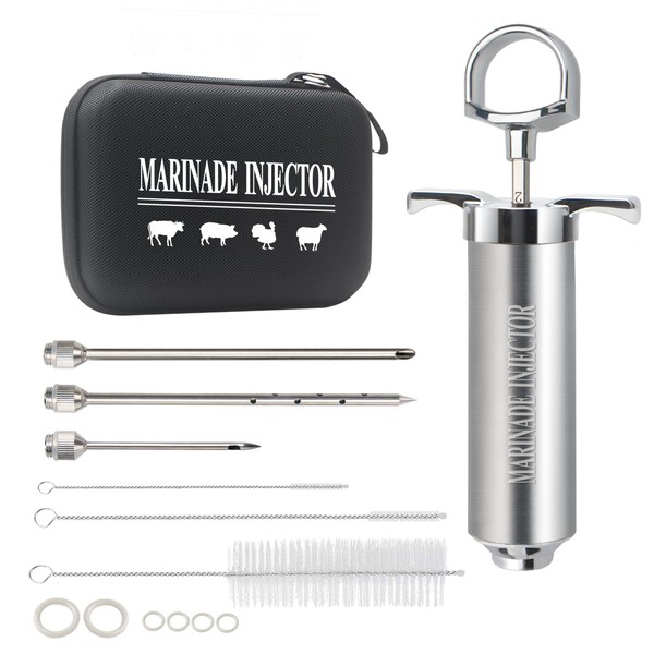 Meat Injector BBQ Injection Kit, Marinade Cajun Seasoning Flavor Syringe Injector for Cooking Grill Smoker Barbecue in Chicken Turkey Beef with 3 Syringe Needles, User Manual, E-Book