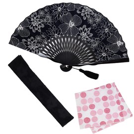 Osaka Choseido Folding Fan, Women's, Stylish, Business, Folding Bag, Handkerchief Included, Set, navy
