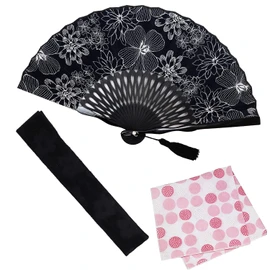 Osaka Choseido Folding Fan, Women's, Stylish, Business, Folding Bag, Handkerchief Included, Set, navy