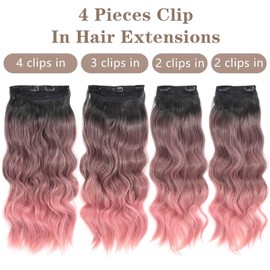 Gx Beauty 4 Pcs Clip In Hair Extensions, 20 Inch Long Wavy Curly Synthetic Hair Extension, Ombre Black to Honey Pink, Thick Natural & Soft Hairpieces for Women(4PCS, Black to Honey Pink)