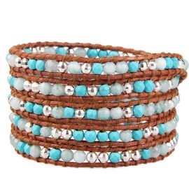 KELITCH Created-Turquoise Bead 5 Wrap Bracelet on Brown Leather