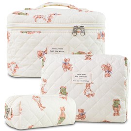 AMZMA 3Pcs Quilted Makeup Bag for Women, Large Travel Makeup Bag Set, Cute Aesthetic Cosmetic Bags, Floral Cotton Makeup Pouch Coquette Toiletry Organizer Bag