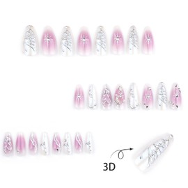 Medium Almond Press on Nails Purple Smudge Fake Nails 3D Silver Butterfly Stars Glue on Nails Rhinestones Translucent Acrylic Nails for Women 24 Pcs