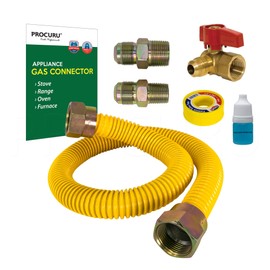 PROCURU 5/8" OD x 24" Gas Flex Line Connector Kit with 3/4" Angle Valve for Stove Range, Furnace, WeatherProof Flexible Stainless Steel Pipe with SafeGuard Coating