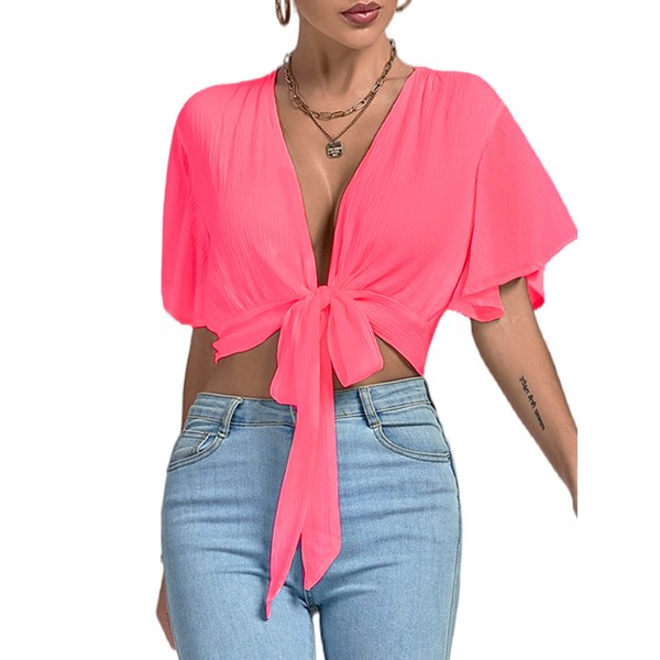 LYANER Women's Deep V Neck Tie Front Knot Wrap Ruffle