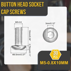 DTGN M5-0.8x10mm Button Head Socket Cap Screws - 30Pack - Good for Road Bicycle, Mountain Bike, Auto, Motorcycle - 304 Stainless Steel Whitewashed - Hex Socket Drive Fasteners