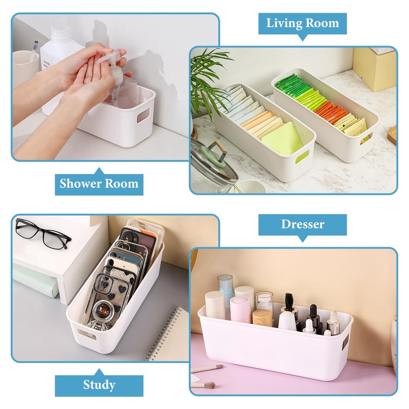 SHAIDOJIO 10Pcs White Narrow Storage Bins, 10" Long Bathroom Organizing