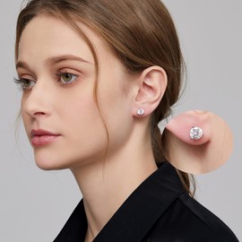 jiamiaoi 18K White Gold Plated Brilliant Diamond Earrings Silver 925 Round/Square AAAAA Cubic Zirconia Stud Earrings 925 Sterling Silver Earrings Black Earrings Stud for Men and Women, Sterling