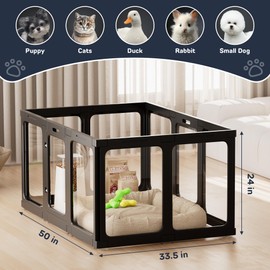 Acrylic Dog Playpen Indoor, 10 PCS Plastic Puppy Playpen with Door, Clear PlayPen for Dog Cat Rabbit Ferret, Preferable Small Dog Cage, Easy Assemble Pet Pen, 50" L x 33.5" W x 24" H, Black