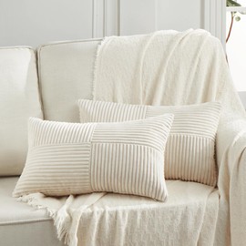 FDTERN Set of 2 Boho Corduroy Rectangular Cushion Covers, 30 x 50 cm, Cream Beige Plain Fluffy Cushion Covers, Decorative Cushion Cover, Sofa Cushion, Decorative Cushion Cover for Sofa, Bedroom,