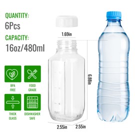 BIGIVACA 6 Pack 16 oz Glass Juice Bottles with Lids - Square Glass Milk Bottles - Reusable Drinking Bottle for Juice, Coffee, Tea, Water