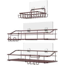 Nieifi Shower Caddy Shelf with Hooks Storage Rack Organizer Adhesive Stainless Steel without Drilling for Bathroom, Lavatory, Washroom, Restroom, Shower, Toilet, Kitchen (Brown, 3 Pack)