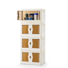 Sweet Furniture Stackable Plastic Storage Bins with Lid - 23QT Foldable Organizers and Storage with Magnetic Doors & Lockable Wheels,Office:_4 Tier - M: Left and Right Door