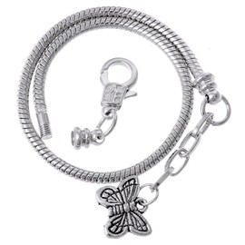 RUBYCA 5pcs 6.7" Lobster Clasp Butterfly Pendant snake Chain European Charm Bracelet Silver Tone