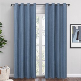 QmQmok Blue Linen Blackout Curtains 84 Inch Length 2 Panels Set for Bedroom Living Room Grommet 100% Black Out Linen Drapes Room Darkening Window Curtains 84 Inches Long Stone Blue