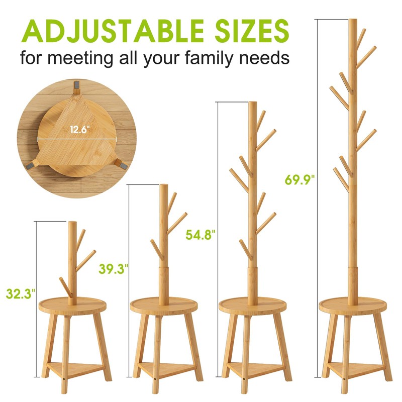 BMOSU Coat Rack freestanding Stand with 2 Shelves Bamboo Wooden