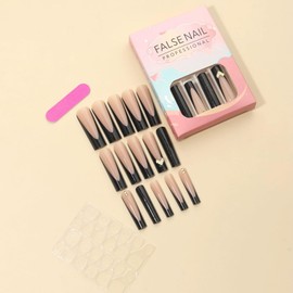 Press On Nails Long Square Glossy Glue On Nails with Bling Black Glitter French Tip Acrylic Flower Rhinestone Design 24 pcs (Black-7, style-7)