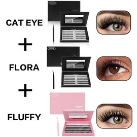 【Hot Style】Cofier No Glue Lash Kit Jelly-Coated Base Self Adhesive Individual Eyelashes, Easy Makeup Application with Tweezers (80/100/160 Pcs):_All kit3 （Flora +Cat Eye+Fluffy）
