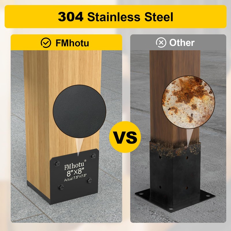 8x8 Stainless Steel Post Base，Internal 7.5 x 7.5 Post Anchor