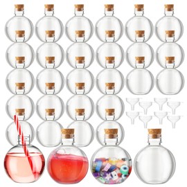 Jinei 30 Packs 8 oz Spherical Plastic Potion Bottles Ball Shape Sand Bottles Clear Plastic Cocktail Ornament Balls with Funnels for DIY Wedding Party Gift Crafts Decoration(Cork,Wooden)
