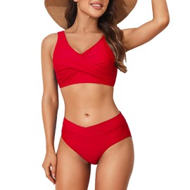 Limeeke Women's High Waisted Bikini Set Twist Front Two Piece Swimsuit Lace Up Tie Back Bathing Suits Red L