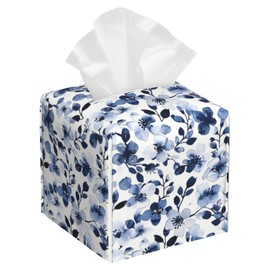 Watercolor Blue Flower Tissue Box Cover Square,Abstract Blooming Floral Leather Tissue Box Holder Decorative Facial Cube Paper Cover Case Organizer for Bathroom Night Stands Desk Home