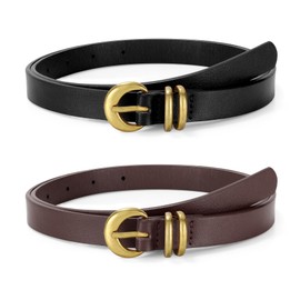 WERFORU 2 Pack Women Skinny Leather Belt for Jeans Pants Thin Waist Belt for Dress Ladies Belt with Gold Buckle