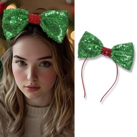 MexLuyu Christmas Headband Sequin Bow Hairband Big Bowknot Hair Hoop Non Slip Holiday Headpiece Xmas Hair Accessories for Women Christmas Hair Decoration