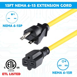 Tellegloww 15ft Extension Cord Compatible with Nema 6-15 6-15p Male to 6-15r Female, 15 Amp Power Cable for 220/240v Air Condition LED Grow Lights Cord Heavy Duty 14awg/3c, 240v, 3750w