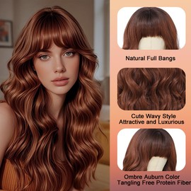 WAVE&BREEZE Long Auburn Wigs with Bangs 26Inch Wavy Curly Reddish Hair for Women Tangle Free Soft Natural Looking Premium Heat Resistant Protein Fiber Daily Party Use