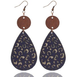 Vintage Western Ethnic Style Hollow Out Geometric Wooden Colorful Lightweight Leather Drop Dangle Earrings Bohemian Retro Statement Jewelry for Women-blue