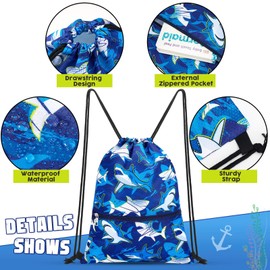 WAWSAM Shark Drawstring Bag for Kids - Gym DrawString Bag for kids Swim Bags Boys Sports Draw String Bag Waterproof Beach Sport Gym String Bags with Zipper Pocket Cinch Backpack for Boys